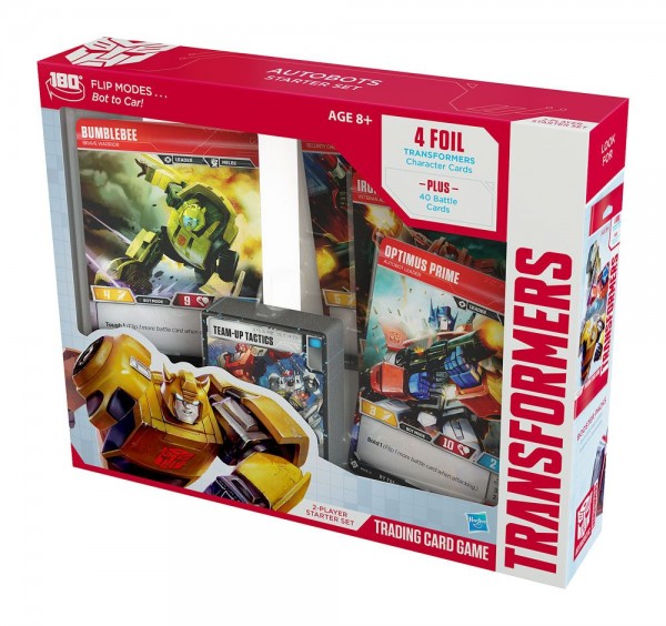 Verkaufsdisplay mit 6 Autobots Starter Sets.\n\nJeder Pack enthält:\n\n- 4 Foil Transformers Character Cards\n- Deck mit 40 Battle Cards\n- Schadenspunkte-Zähler\n- Regelbuch